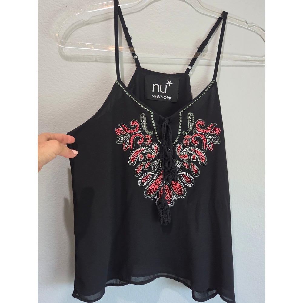 Nu New York Cami Tank Top Women Small Black Embroidered Tassel Boho Excellent
